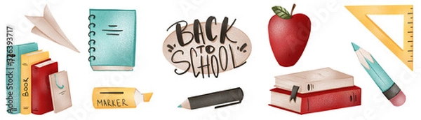 Fototapeta Stack of books, the inscription back to school, apple, pen, ruler cute textural digital art. Print for posters, banners, cards, invitation cards, web, textile, stationery, wrapping paper and boxes.
