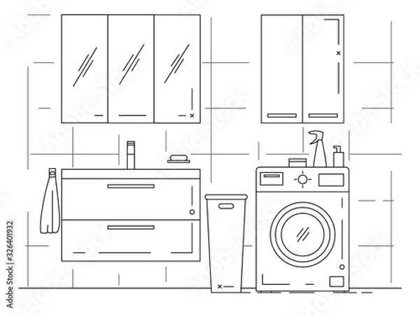 Fototapeta Linear sketch of an interior. Part of the bathroom. Vector