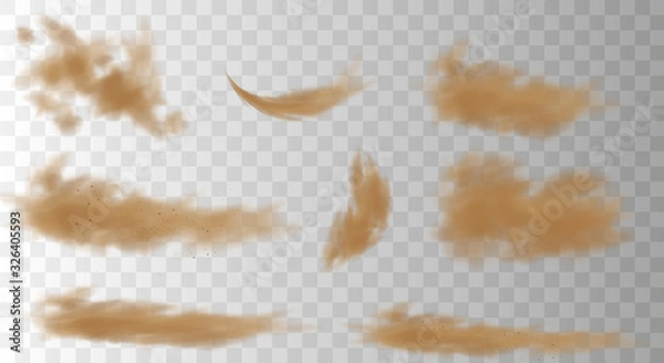 Fototapeta Set of realistic trails Road dust, dust from under the wheels, from under the horses' hooves isolated on a transparent background. Brown dusty cloud or dry sand flying with a gust of wind. 