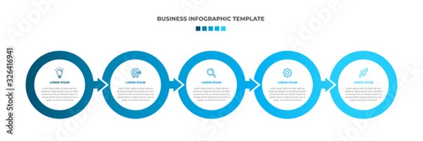 Fototapeta Minimal Modern Minimalist Business Infographics template with circle shape. 5 steps / option timeline with icons. For presentation, process, diagram, workflow, chart. Vector with blue, white color 