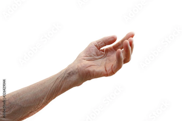 Fototapeta Old lady's hand with open palm. Elderly lady is waiting for help. Elderly concept with white background. Isolated white background, close up, overhead, copy space