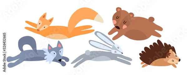 Obraz A hare, a hedgehog, a fox, a wolf and a bear bear run one after another. Cute forest animals in clip art horizontal format. Vector illustration for printing on children's textiles, t-shirt, toys