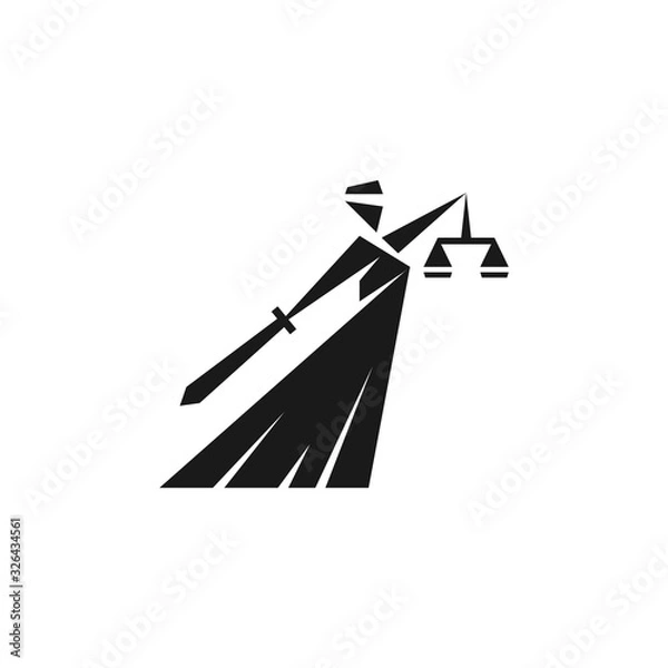 Obraz Abstract Themis Goddess Symbol. Geometric silhouette of a woman with scales in one hand and sword in other hand. Flat logo for law firm or legal services.