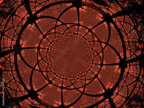 Obraz Ornamento floreale frattale in nero su sfumature di rosso e marrone. Fiore Wireframe. Effetto vetrata.