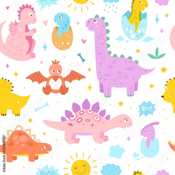 Fototapeta Cute dinosaurs seamless pattern. Vector background with little dinos illustrations for kids