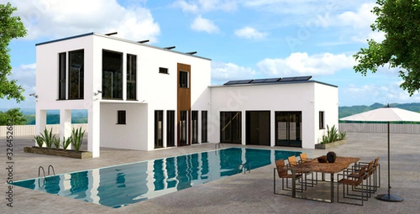 Fototapeta Modern house render with large swimming pool.