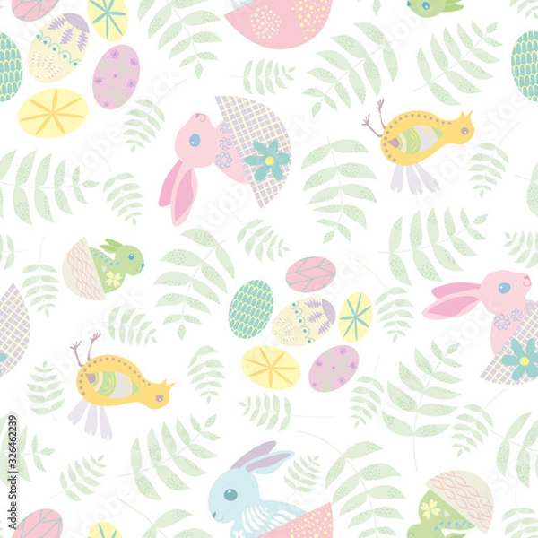 Fototapeta Easter bunny seamless vector pattern background. Decorated folk art rabbits, egg and chicks illustration. Scandinavian style baby animals and spring symbols backdrop. Christian celebration concept