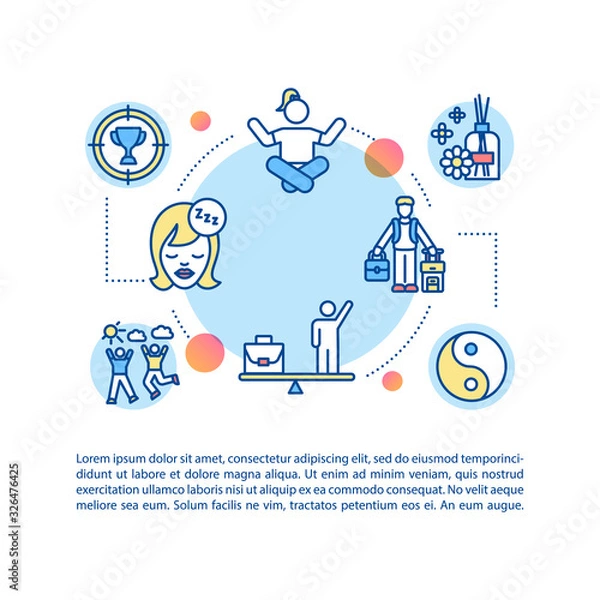 Fototapeta Recreational activities concept icon with text. Vacation. Life and work balance. Hobbies, relaxation. PPT page vector template. Brochure, magazine, booklet design element with linear illustrations