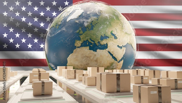 Fototapeta globe flag of America and packages 3d-illustration. elements of this image furnished by NASA
