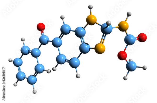 Fototapeta 3D image of mebendazole skeletal formula - molecular chemical structure of antihelminthic agent MBZ isolated on white background