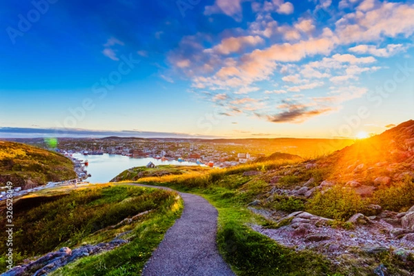 Fototapeta View of St John city from Signal Hill at Newfoundland, Canada with sunset sky as background during summer