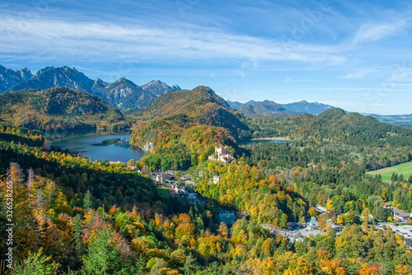 Fototapeta aerial view of Alpsee with Hohenschwangau castle, Bavaria
