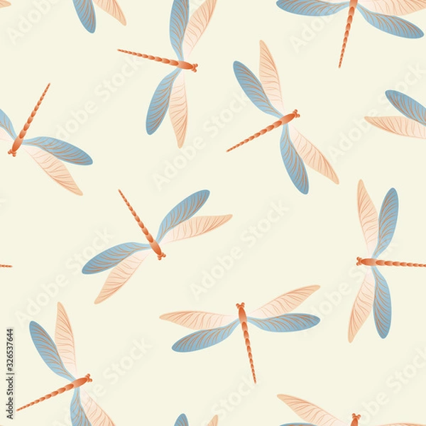 Fototapeta Dragonfly simple seamless pattern. Repeating clothes textile print with damselfly insects. Graphic 