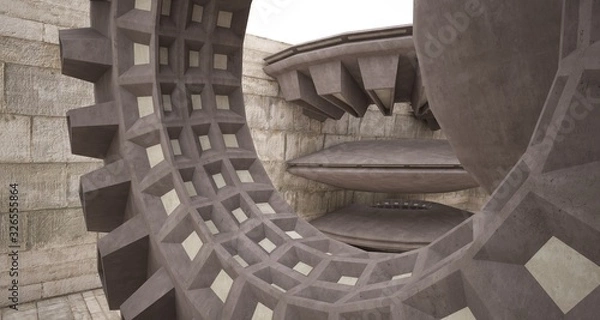 Fototapeta Abstract architectural concrete interior with discs. 3D illustration and rendering.