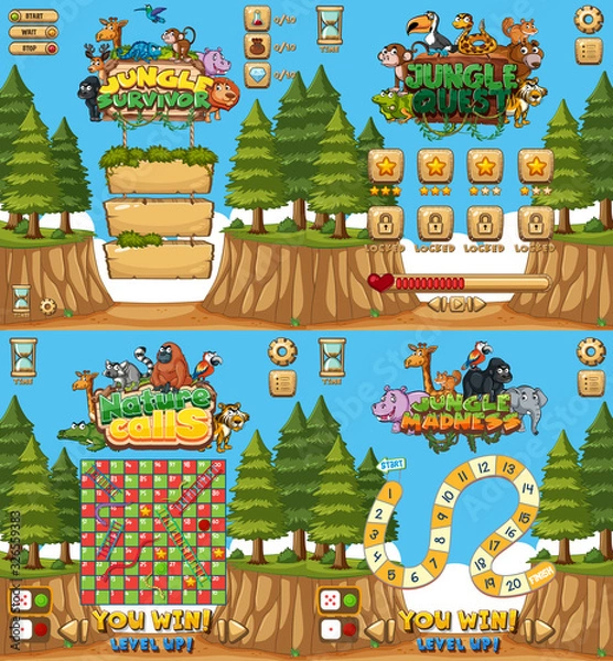Fototapeta Four background design for game with animals and forest