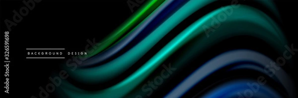 Fototapeta Silk and smooth flow wave poster design. Color waves, liquid style lines and shapes in black color background