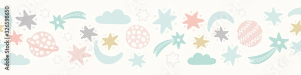 Obraz Space pattern banner design in pastel colours. Cute vector solar system repeat border background.