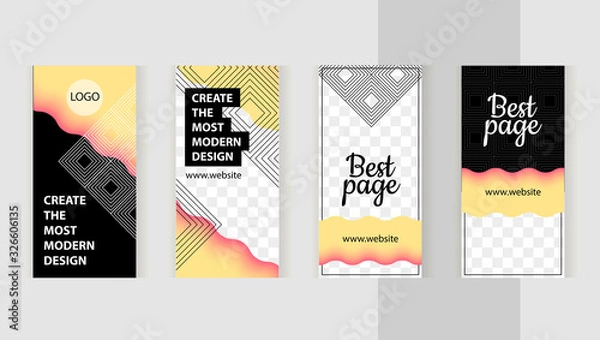 Fototapeta Set templates for design of social networks, story and print with windows for images. Modern style in the form of beautiful yellow waves and geometric lines. 
