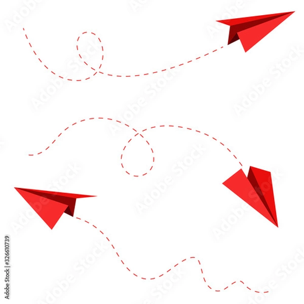 Fototapeta Red paper airplane route collection isolated on white background. Origami plane.