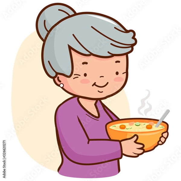 Obraz Grandma serving a steaming hot bowl of soup. Vector illustration
