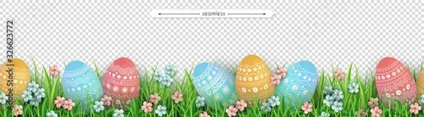 Obraz Easter eggs grass flowers seamless border Easter design