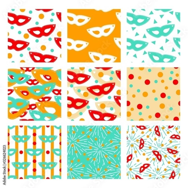 Fototapeta Carnival mask vector seamless patterns. Colorful patterns in red, yellow and teal colors. 