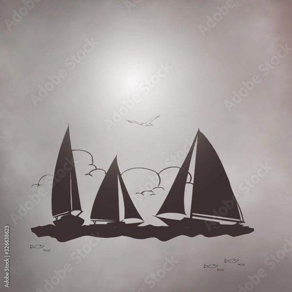 Fototapeta Monochrome illustration. Sailing boats, clouds in the background and one bird.