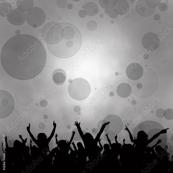Fototapeta Black and white illustration. Silhouettes of groups of people playing. Bokeh effect on gray background.
