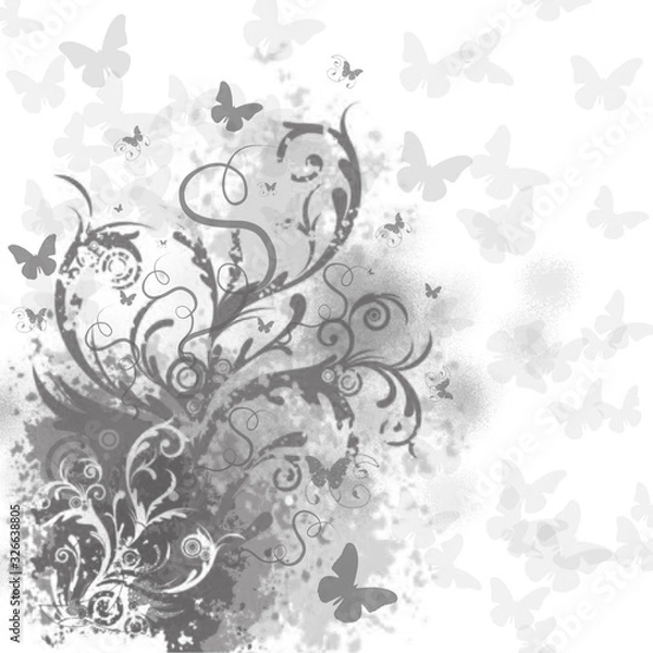 Obraz Black and white illustration, grass with flowers and butterflies.