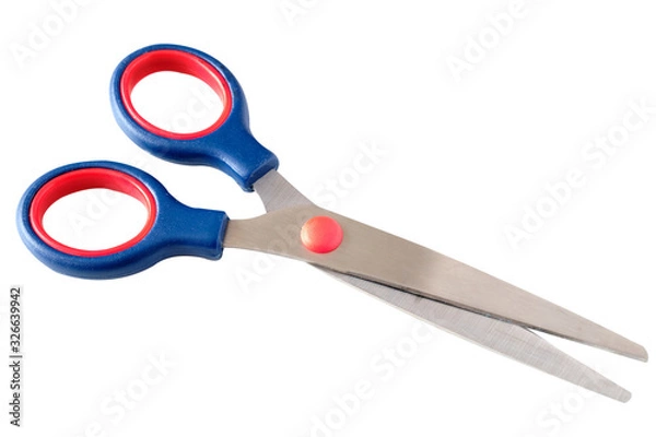 Fototapeta Blue and reds or orange craft scissors on a white background