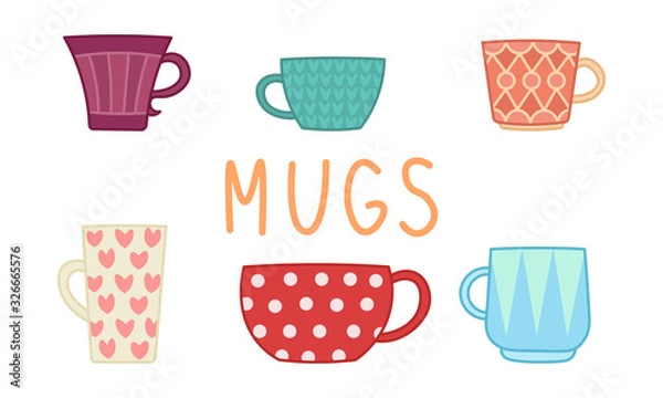 Fototapeta cartoon coffee or tea mugs, set of cups icons, editable vector illustration for decoration, card, print, stickers