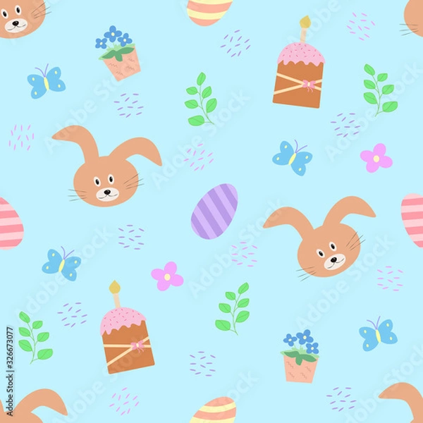 Fototapeta Seamless pattern of Easter elements. Easter cartoon characters and decor elements. Bunny chick Easter eggs flowers.