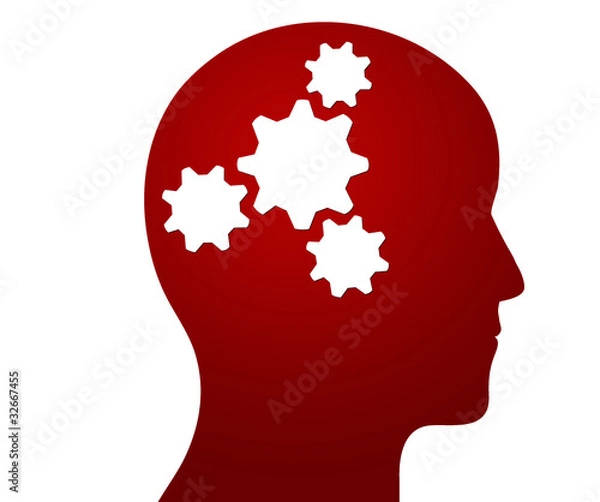 Obraz Profile of a head containing cogs illustrating a thought process