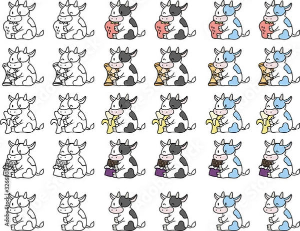 Obraz 食べ物を持った牛のイラストセット