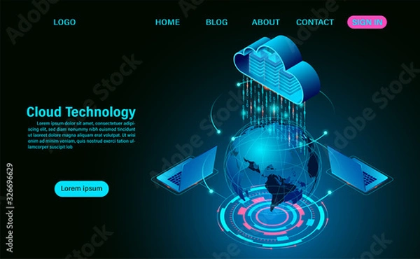 Fototapeta World cloud technology concept. online computing technology. big data flow processing concept on map. isometric flat design vector illustration