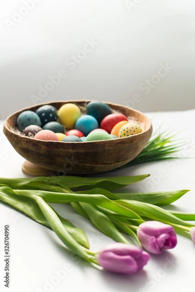 Fototapeta Colorful Easter eggs in nest, spring flower, tulips and candies on bright background. Easter holiday decorations , Easter concept background.