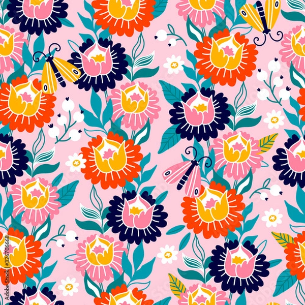 Obraz Colorful seamless pattern with butterfly and flowers. Can be used for printing on fabric and paper and other surfaces. Hand drawn cartoon illustration.