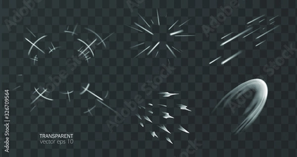 Fototapeta Szablon efektów specjalnych komiksów. Pojedyncze chmury wybuchowe z ruchomymi śladami. Cartoon strajk, walka, atak, ruch, wybuch pyłu 2D VFX ilustracji wektorowych. Element clipart do gry, projekt wydruku