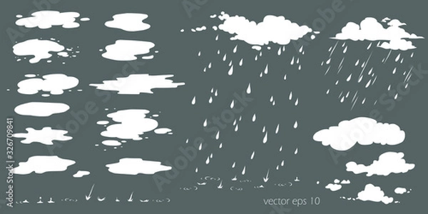 Fototapeta Set of water plashes, puddle. Flow effect vector animation, sprite sheet for game or cartoon or animation. Cartoon steam clouds, puff, mist, fog, watery vapour or dust explosion 2D VFX illustration