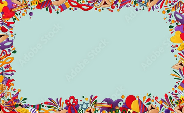 Obraz Happy Purim  background.  Purim  frame with traditional design Jewish Holiday elements, icons. Hamantaschen cookies, carnival mask, star of David,ratchet, oznei Haman, confetti. Purim party border.