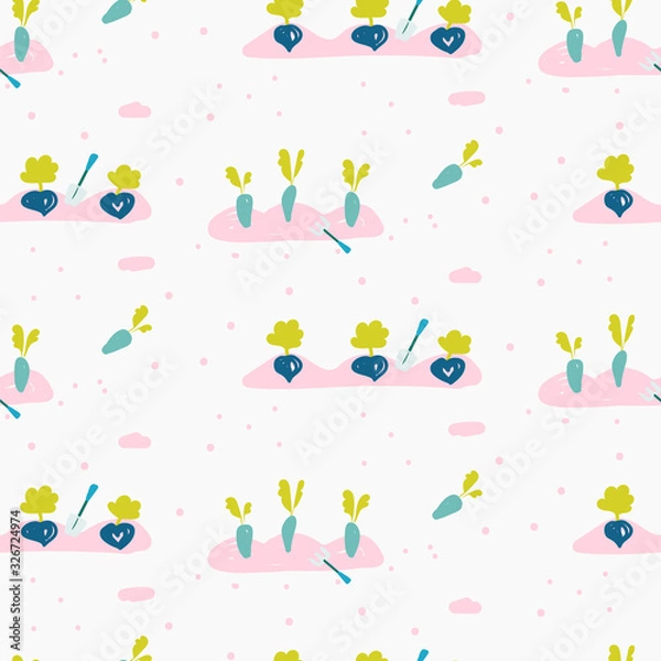 Fototapeta Garden bed seamless pattern with hand drawn gardening tools and vegetables seeds. Vector illustration.