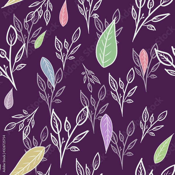 Obraz seamless floral pattern with white outline branches and multicolored leaves on dark violet background. Spring/summer pattern. Hand drawing. Fashion print. Packaging, wallpaper, textile, fabric design