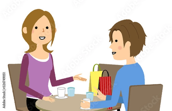 Fototapeta 若いカップル　カフェ　おしゃべり