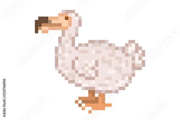 Fototapeta Dodo, extinct flightless bird, 8 bit pixel art icon isolated on white background. Old school vintage retro slot machine/video game graphics.
