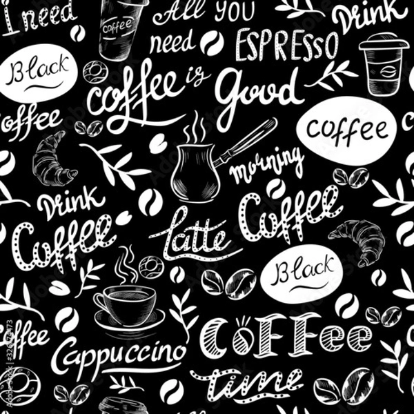 Obraz Coffee, drink, lettering black and white vector seamless pattern . Concept for wallpaper, wrapping paper, cards 