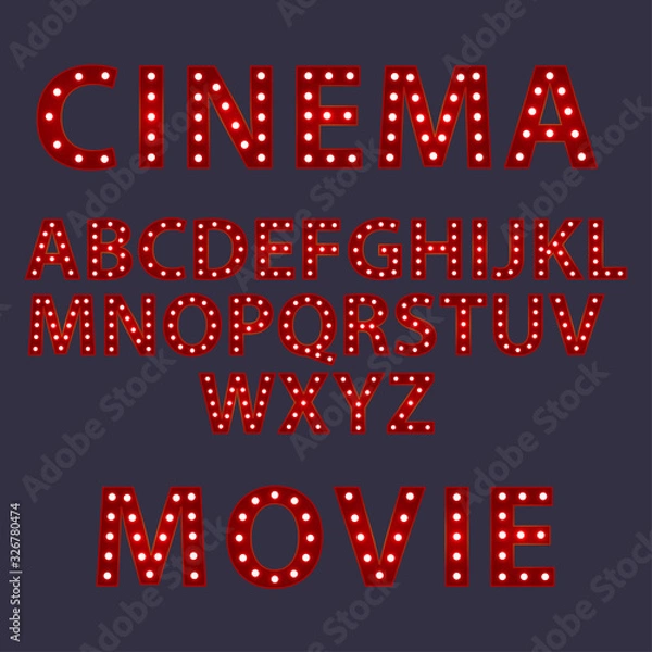 Fototapeta Cinema movie. Red letters with luminous glowing lightbulbs. Vector typography words design. Template type font for poster.
