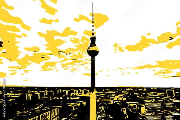 Fototapeta Berlin skyline with a view of the television tower and the horizon. illustration of the city of Berlin in the colors black orang and white, as a background for postcards or websites