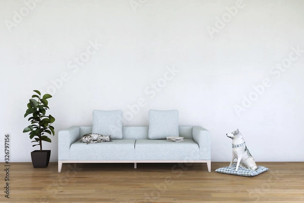 Fototapeta White living room interior with cat and dog on the wooden floor. Home nordic interior. 3D illustration