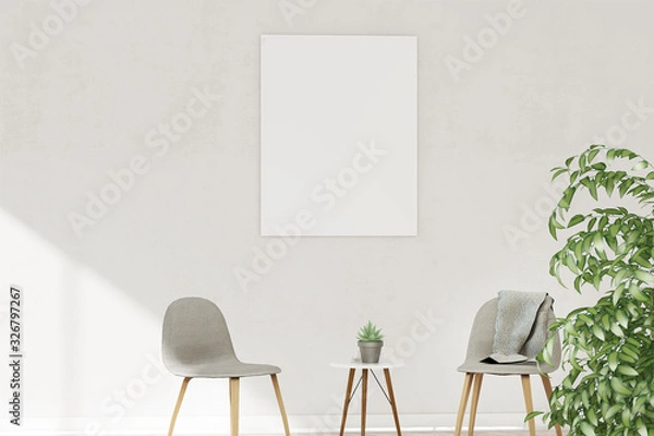 Fototapeta Mock up of two posters on the wall with armchairs and plant on the wooden floor. Home nordic interior. 3D illustration