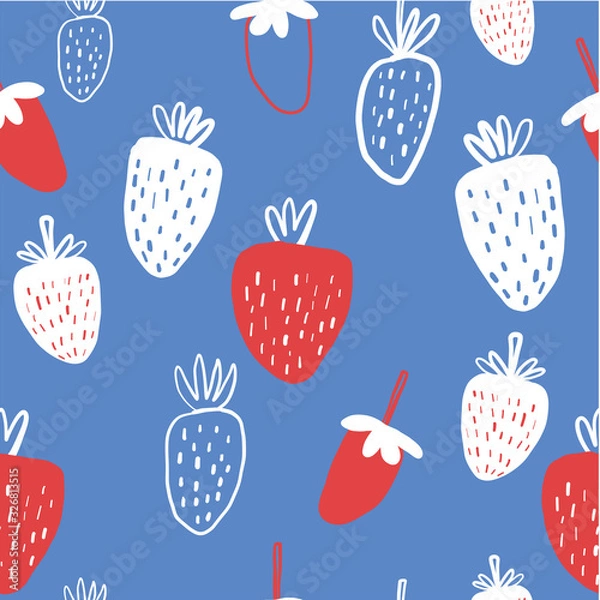 Fototapeta Seamless pattern of strawberries - vector illustration. Childish. Scandinavian style. Stylish repeating texture. 